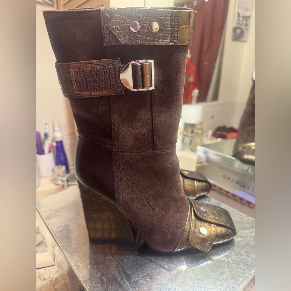 AKIRA Brown Suede & Metallic Croc Wedge Mid-Calf Boots